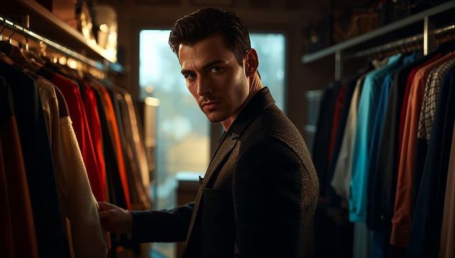 Well-groomed gentleman selecting coat in moody boutique wardrobe with warm backlight