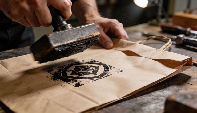 Artisan hands stamping custom logo onto kraft paper bag handheld ink stamp in workshop