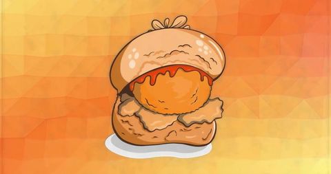 Crispy fried chicken sandwich dripping spicy sauce on geometric orange background