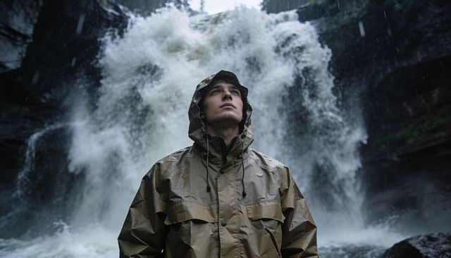 Man standing before thunderous waterfall wearing hooded waterproof jacket