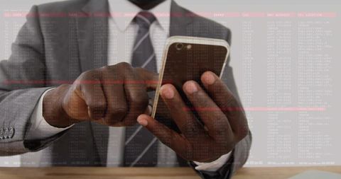 Businessman Tapping Smartphone with Digital Data Overlay for Cybersecurity and Mobile Work