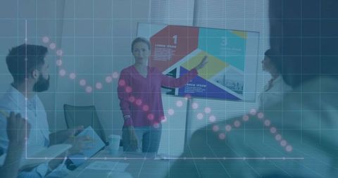 Female Leader Presenting Colorful Business Slide in Boardroom with Data Overlay