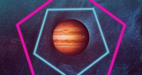 Abstract planet with neon geometric frames in starry universe