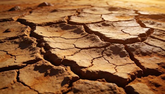 Parched cracked earth forming polygonal mud plates on dried lakebed in golden light