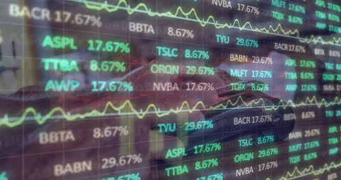 Man Paying with Smartphone Against Stock Market Data Overlay