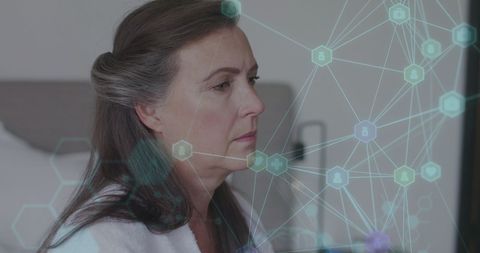 Senior woman experiencing flu systems with digital health interface