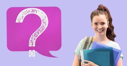 Smiling Student Posing with Folders and Question Mark Bubble - Download Free Stock Images Pikwizard.com