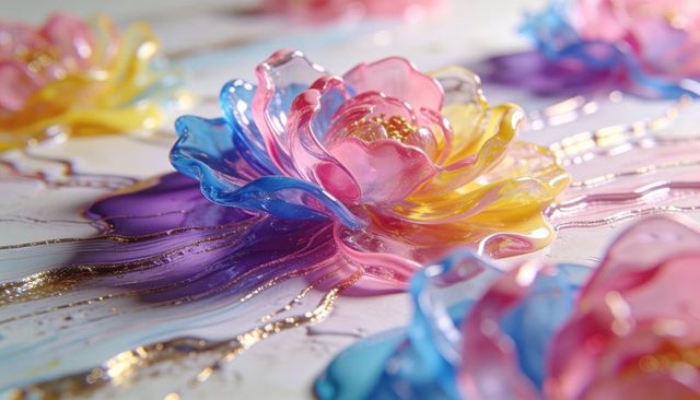 Pastel resin floral sculpture with iridescent petals, gradient colors and gold accents