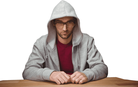 Transparent hooded man contemplating work at wooden desk