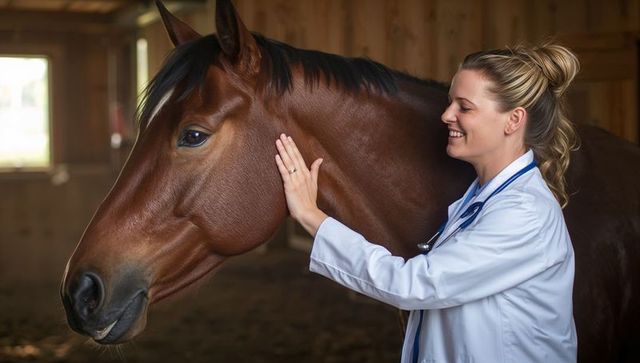 Smiling veterinarian examining and comforting bay horse in warm stable