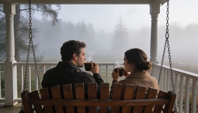 Couple enjoying steaming coffee on foggy porch swing overlooking quiet countryside morning