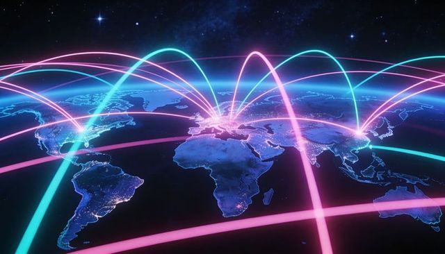 Global digital network connecting major cities with neon arcs over nighttime earth