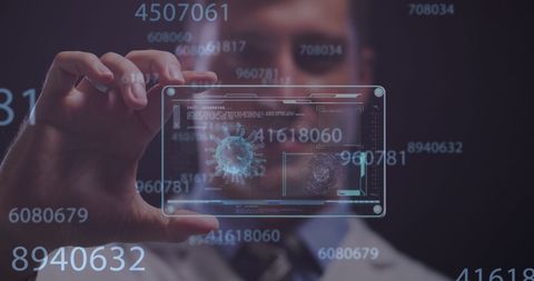 Doctor Analyzing COVID-19 Data on Transparent Digital Screen