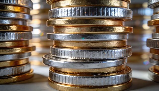 Shining stacks of gold and silver coins macro, ridged edges, financial wealth concept
