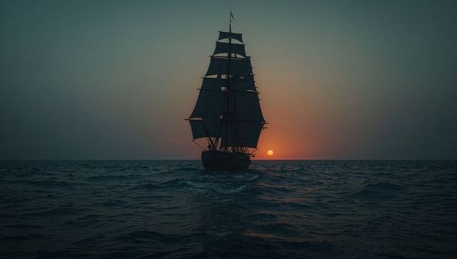 Tall Ship Sailing Silhouette Against Sunset on Open Ocean