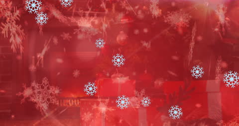 Festive Christmas Scene with Tree and Presents Overlayed with Snowflakes