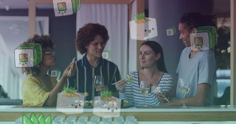 Diverse Friends Enjoying Sushi with Playful Icons Overlay