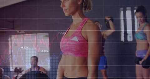 Female Athlete Standing in Gym Wearing Pink Sports Bra with Fitness Data Overlay