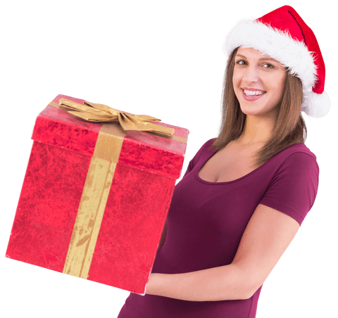 Cheerful Woman in Santa Hat Holding Transparent Gift Box