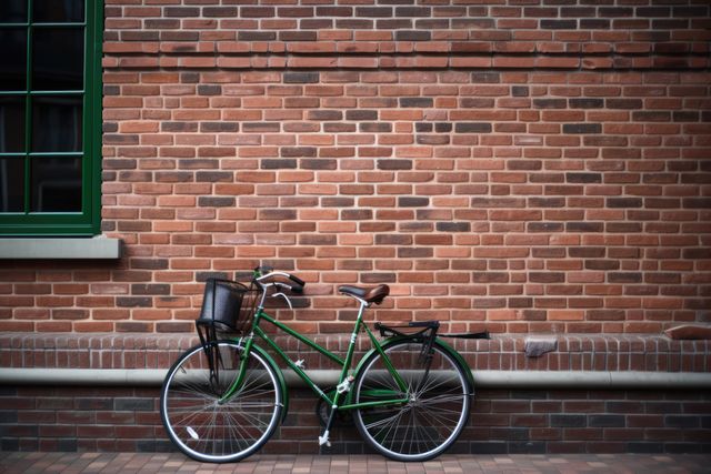 Green vintage bicycle parked against textured brick wall, conveying nostalgia and simplicity. Perfect for themes of outdoor adventure, eco-friendly transportation, urban living, and retro decor.