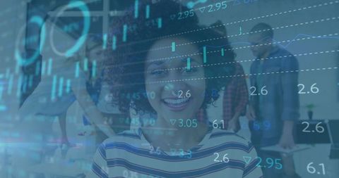 Smiling Woman in Office Surrounded by Financial Data Overlay