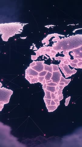 Revealing pink node mesh world map connecting continents in vertical tech network loop