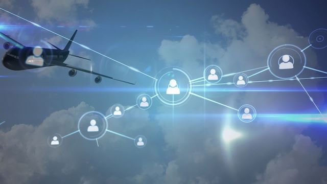 Illustration shows digital network connections with icons over a background featuring an airplane and clouds. Ideal for technology, travel, and communication concepts, this can be used in marketing material, presentations, and articles highlighting global connectivity and advancements in digital networking.