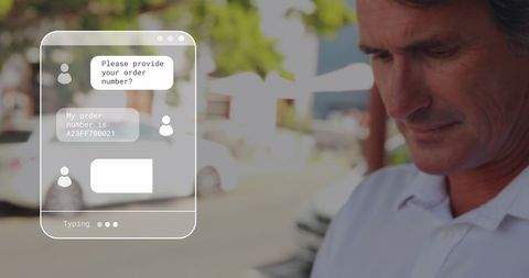 Man Using Smartphone with Digital Chat Interface