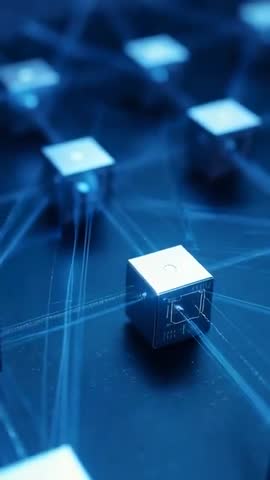 Pulsing Recessed-Port Cube Hub Receiving Neon Blue Filament Signals Vertical Tech Video