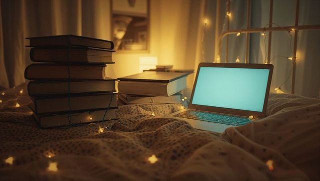 Cozy bedroom with illuminating laptop and books at night