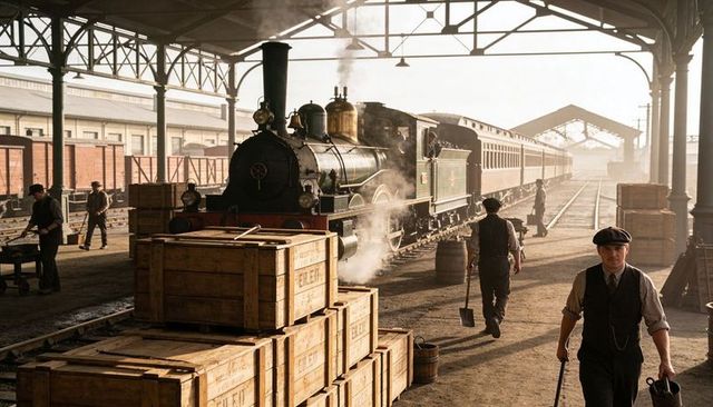 Historic steam locomotive waiting on busy station platform with workers loading crates