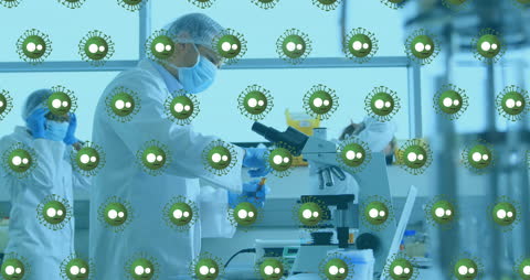 Scientists in Lab with Virtual Virus Graphics Overlay