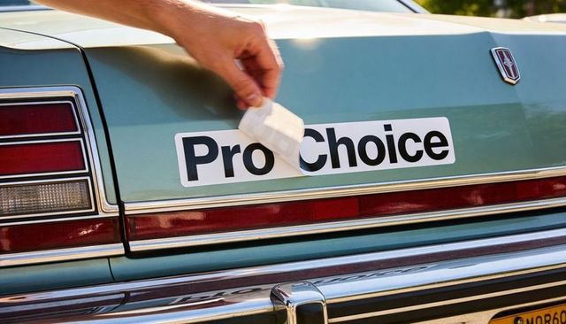 Hand removing pro-choice sticker from vintage light-green sedan trunk in sunlight