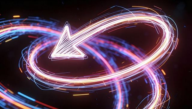 Rotating neon arrow orbiting luminous rings with electric spark trails