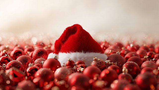 Santa Hat Nestled Among Shiny Red Christmas Baubles with Gold Caps and Festive Sparkle