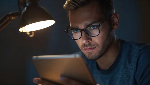 Focused young man reading tablet under desk lamp at night, lowlight study portrait intense