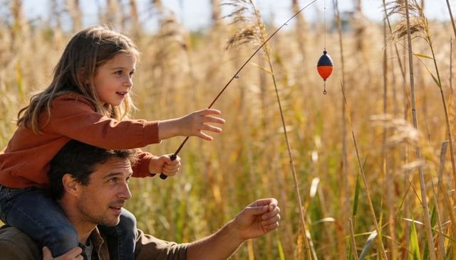 Father carrying daughter on shoulders fishing in golden reeds at sunset bonding moment