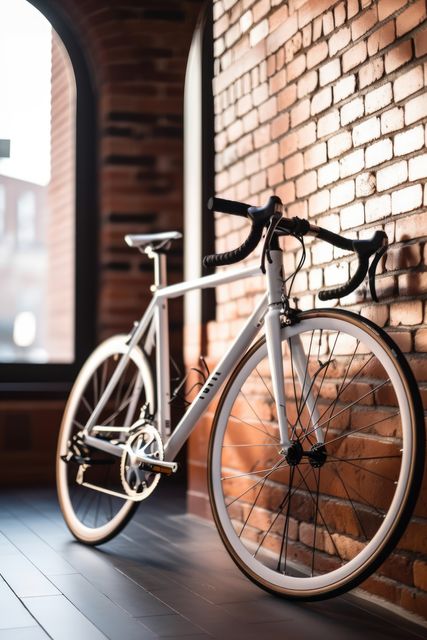 A modern, stylish bicycle parked indoors against a brick wall, bathed in natural light from large windows. Ideal for use in articles on urban living, eco-friendly transportation, minimalist decor, or fitness lifestyle choices. Perfect image for blogs, promotional material, and websites focused on cycling, interior design, or urban commuting.