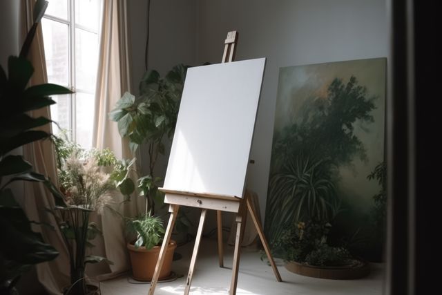 Blank canvas on easel by window in sunny room with plants, created using generative ai technology. Art, possibility, inspiration and creativity, copy space concept digitally generated image.