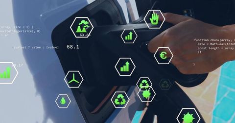 Female Hand Plugging EV Connector into Car Port with Green Tech Icons and Data Overlay