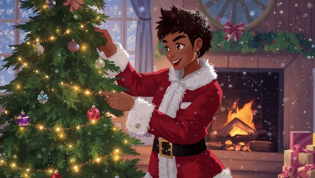 Festive woman decorating christmas tree by cozy fireplace