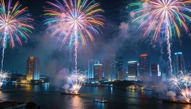 Vibrant multicolor fireworks lighting riverfront skyline with barges and reflections at night