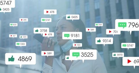 African American Woman Connecting on Social Media Amidst Digital Icons