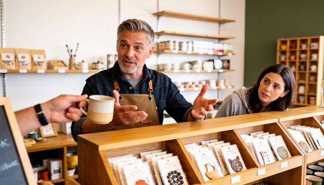 Friendly shop owner explaining handmade gift kits while serving coffee behind rustic wooden counter