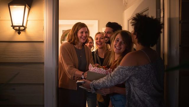 Smiling friends greeting at cozy front porch while delivering gift box and warm welcome