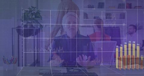 Mature businesswoman presenting data visualization overlay in modern coworkorking office