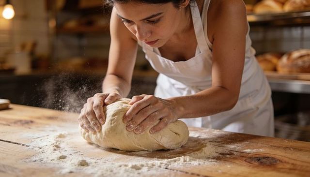 Female Baker Kneading Dough on Wooden Bench, Dusting Flour, Artisan Breadmaking Close-up