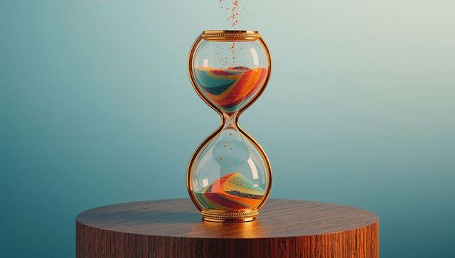 Gold hourglass with rainbow sand on wooden pedestal with teal background