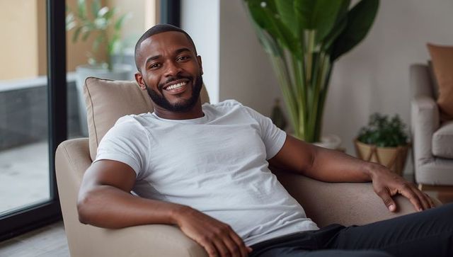 Relaxed Man Lounging in Modern Minimalist Living Room