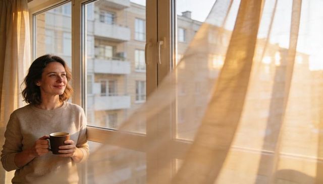 Woman holding coffee mug gazing out window at golden hour in cozy apartment interior